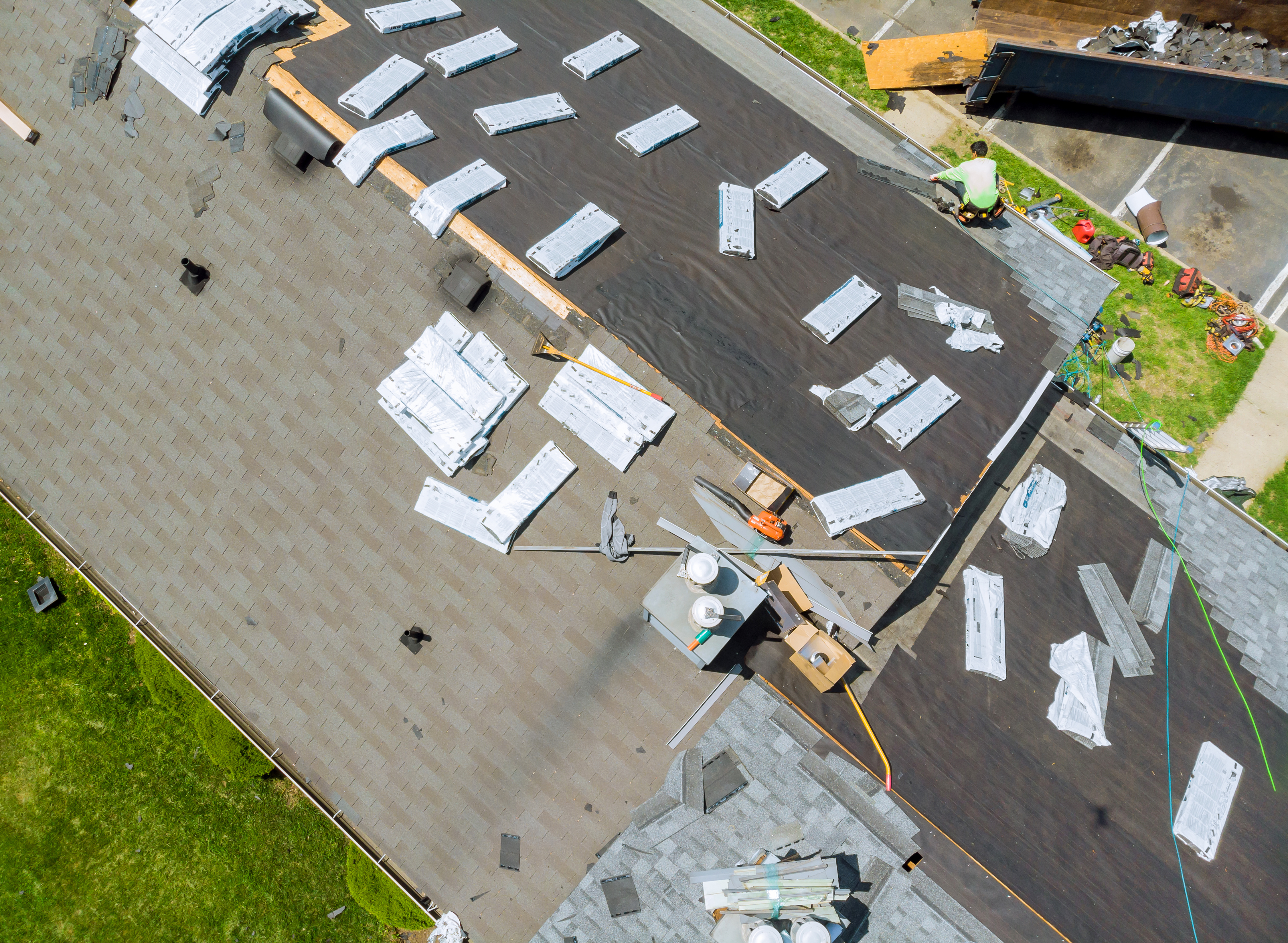 Aerial view of roof installation in progress